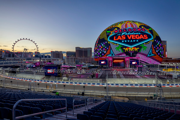 Las Vegas Motor Speedway Sign with Welcome to Las Vegas Sphere in the background