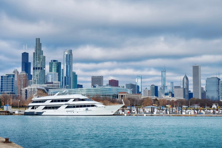 Yatch on the Lake with Chicago city scape in the background